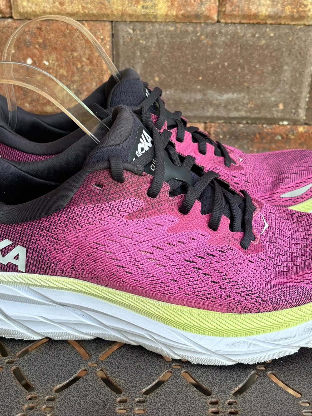 Hoka Clifton 8 Women's Pink and Black Running Shoes with Lime Accent - Picture 5 of 10